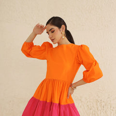 IndoLady Citrus Crush Puff Sleeve Tiered Dress
