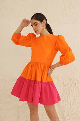 IndoLady Citrus Crush Puff Sleeve Tiered Dress