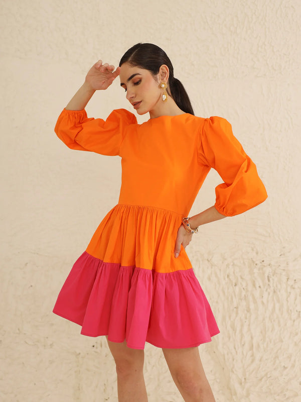 IndoLady Citrus Crush Puff Sleeve Tiered Dress