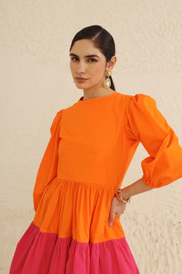 IndoLady Citrus Crush Puff Sleeve Tiered Dress