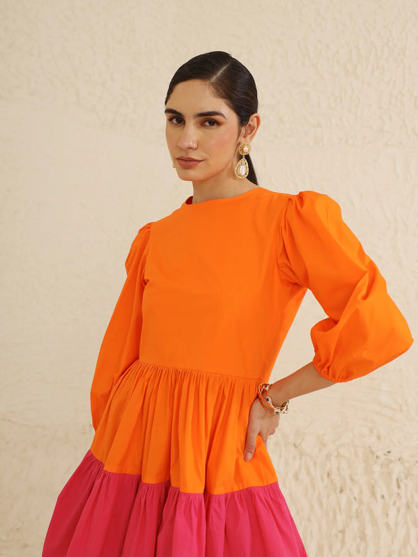 IndoLady Citrus Crush Puff Sleeve Tiered Dress