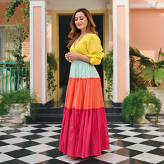 Indolady Candy Sunset Multicolor Tiered Cotton Flared Dress