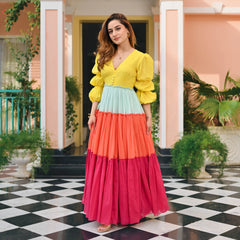 Indolady Candy Sunset Multicolor Tiered Cotton Flared Dress