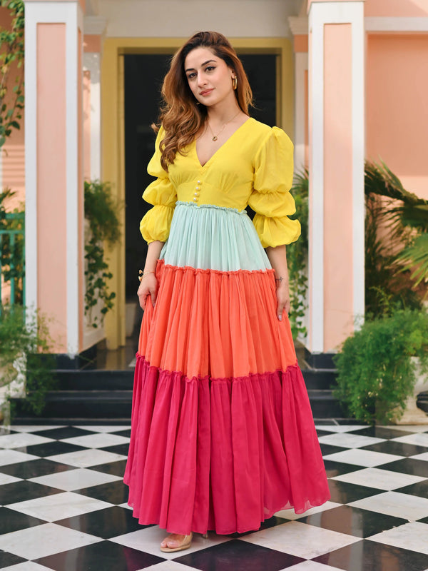 Indolady Candy Sunset Multicolor Tiered Cotton Flared Dress