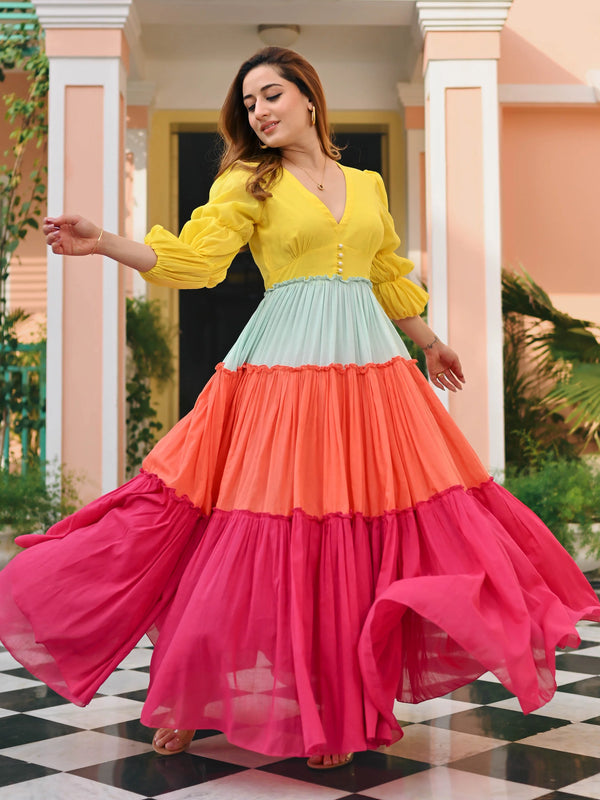 Indolady Candy Sunset Multicolor Tiered Cotton Flared Dress