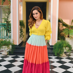 Indolady Candy Sunset Multicolor Tiered Cotton Flared Dress