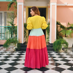 Indolady Candy Sunset Multicolor Tiered Cotton Flared Dress