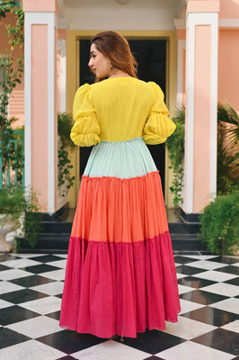 Indolady Candy Sunset Multicolor Tiered Cotton Flared Dress