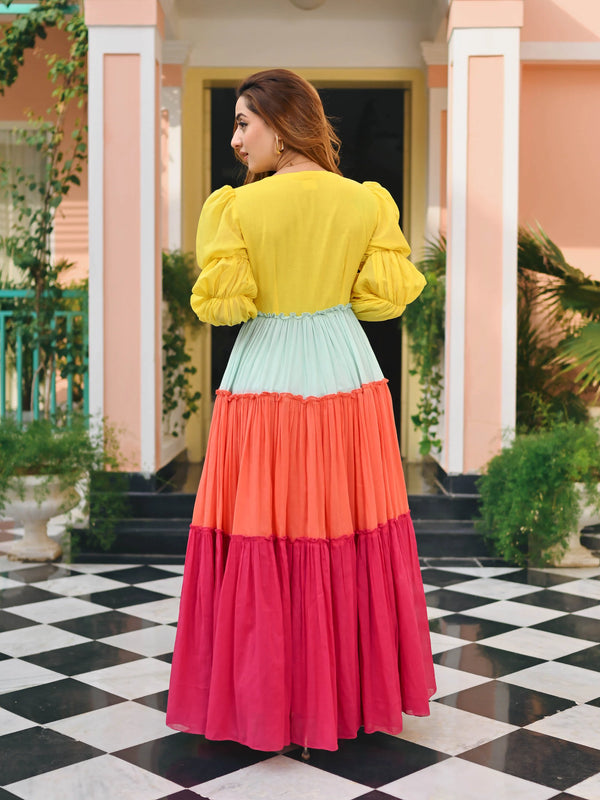 Indolady Candy Sunset Multicolor Tiered Cotton Flared Dress