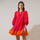 Indolady Scarlet Glow Colorblock Tiered Cotton Flowy Dress