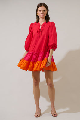 Indolady Scarlet Glow Colorblock Tiered Cotton Flowy Dress