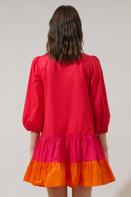 Indolady Scarlet Glow Colorblock Tiered Cotton Flowy Dress