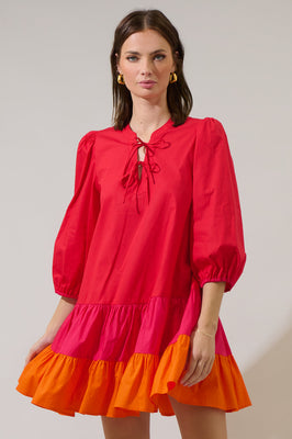 Indolady Scarlet Glow Colorblock Tiered Cotton Flowy Dress