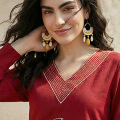 Indolady Crimson Grace Cotton Flex A-Line Kurti with Artistic Embroidery