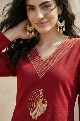 Indolady Crimson Grace Cotton Flex A-Line Kurti with Artistic Embroidery
