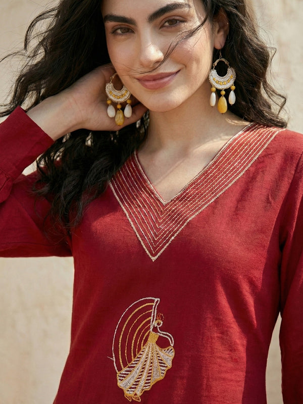 Indolady Crimson Grace Cotton Flex A-Line Kurti with Artistic Embroidery