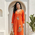 Indolady Sunset Glow Cotton Flex A-Line Kurti with Artistic Embroidery