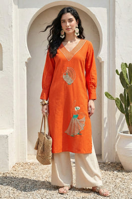Indolady Sunset Glow Cotton Flex A-Line Kurti with Artistic Embroidery