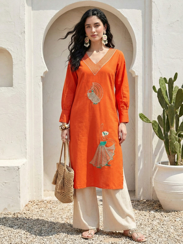 Indolady Sunset Glow Cotton Flex A-Line Kurti with Artistic Embroidery