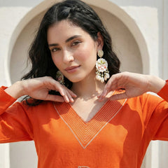 Indolady Sunset Glow Cotton Flex A-Line Kurti with Artistic Embroidery