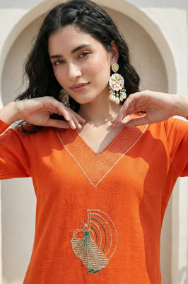 Indolady Sunset Glow Cotton Flex A-Line Kurti with Artistic Embroidery