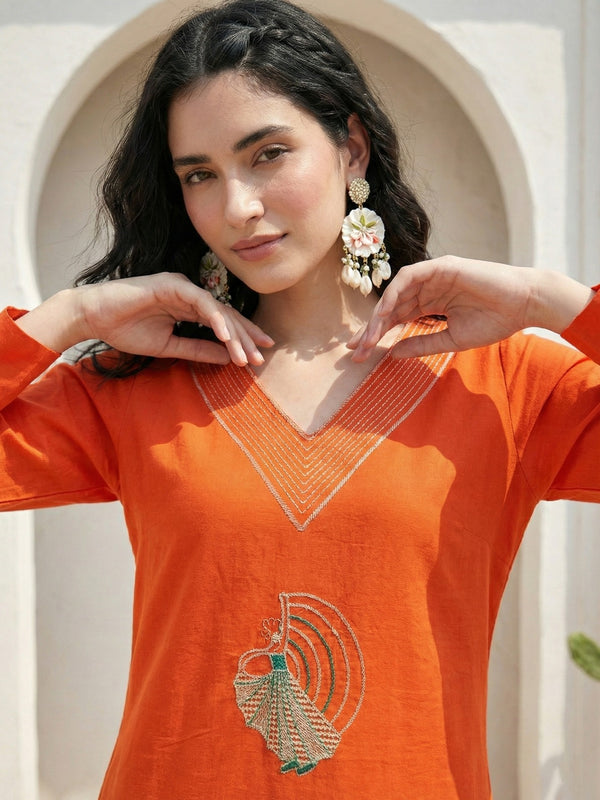 Indolady Sunset Glow Cotton Flex A-Line Kurti with Artistic Embroidery