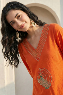 Indolady Sunset Glow Cotton Flex A-Line Kurti with Artistic Embroidery