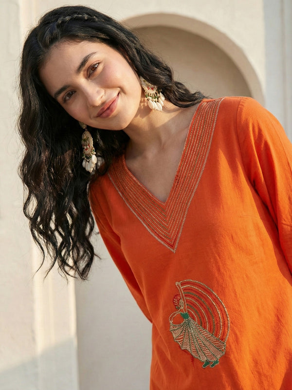 Indolady Sunset Glow Cotton Flex A-Line Kurti with Artistic Embroidery