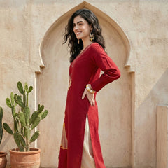 Indolady Crimson Grace Cotton Flex A-Line Kurti with Artistic Embroidery
