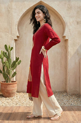 Indolady Crimson Grace Cotton Flex A-Line Kurti with Artistic Embroidery