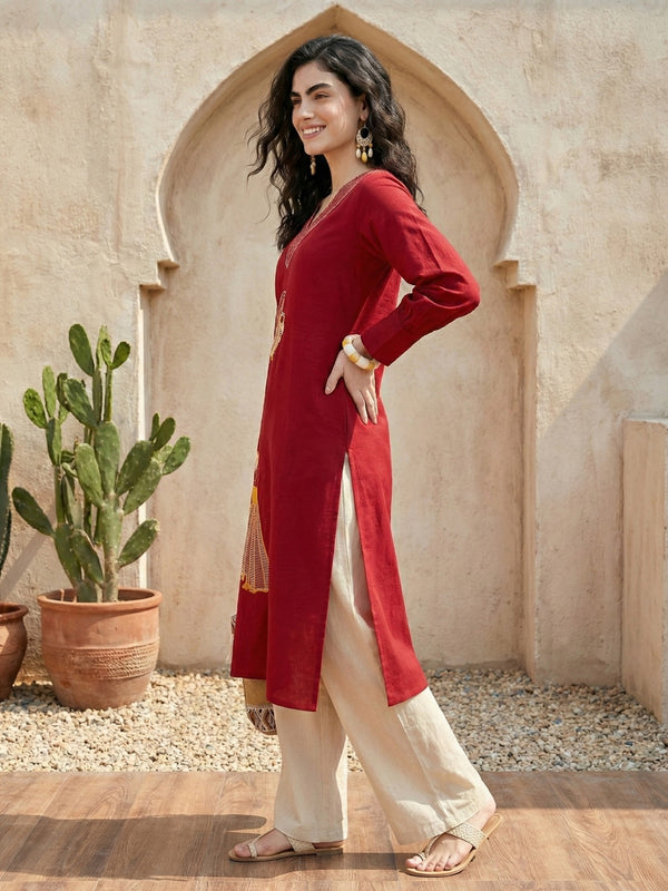 Indolady Crimson Grace Cotton Flex A-Line Kurti with Artistic Embroidery