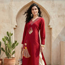 Indolady Crimson Grace Cotton Flex A-Line Kurti with Artistic Embroidery