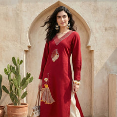 Indolady Crimson Grace Cotton Flex A-Line Kurti with Artistic Embroidery