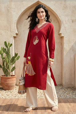 Indolady Crimson Grace Cotton Flex A-Line Kurti with Artistic Embroidery