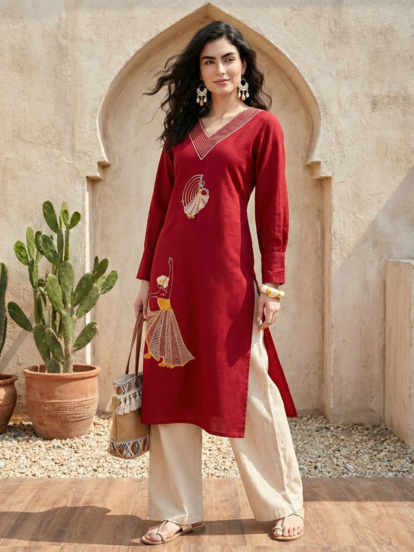 Indolady Crimson Grace Cotton Flex A-Line Kurti with Artistic Embroidery