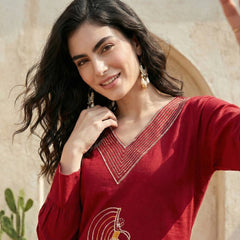 Indolady Crimson Grace Cotton Flex A-Line Kurti with Artistic Embroidery