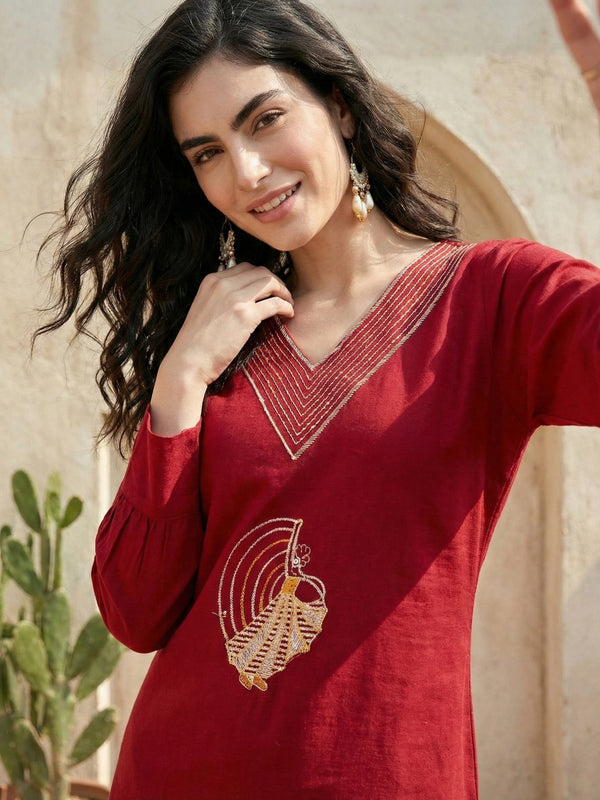 Indolady Crimson Grace Cotton Flex A-Line Kurti with Artistic Embroidery