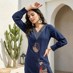 Indolady Midnight Charm Cotton Flex A-Line Kurti with Elegant Embroidery