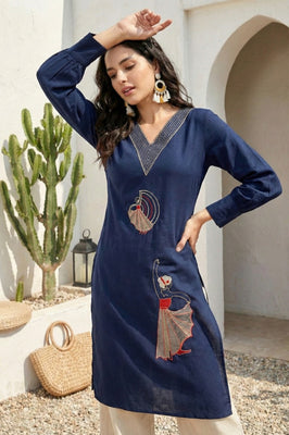 Indolady Midnight Charm Cotton Flex A-Line Kurti with Elegant Embroidery