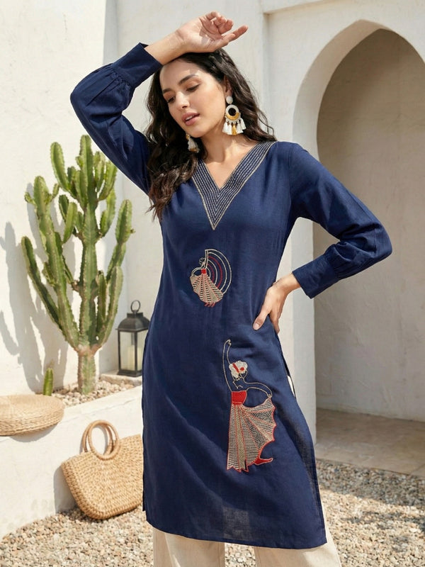 Indolady Midnight Charm Cotton Flex A-Line Kurti with Elegant Embroidery