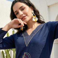 Indolady Midnight Charm Cotton Flex A-Line Kurti with Elegant Embroidery