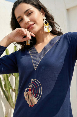 Indolady Midnight Charm Cotton Flex A-Line Kurti with Elegant Embroidery