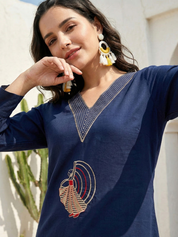 Indolady Midnight Charm Cotton Flex A-Line Kurti with Elegant Embroidery