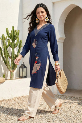 Indolady Midnight Charm Cotton Flex A-Line Kurti with Elegant Embroidery