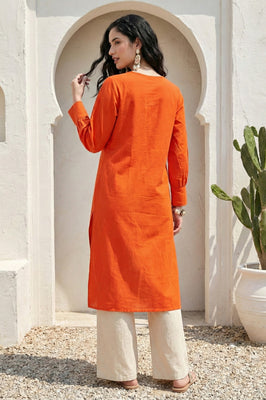 Indolady Sunset Glow Cotton Flex A-Line Kurti with Artistic Embroidery