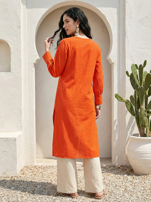 Indolady Sunset Glow Cotton Flex A-Line Kurti with Artistic Embroidery