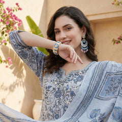 Serene Indigo Bloom Pure Cotton Floral Suit Set with Dupatta