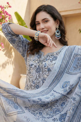 Serene Indigo Bloom Pure Cotton Floral Suit Set with Dupatta