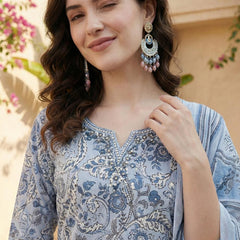 Serene Indigo Bloom Pure Cotton Floral Suit Set with Dupatta
