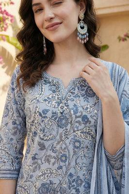 Serene Indigo Bloom Pure Cotton Floral Suit Set with Dupatta